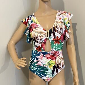 AI'MAGE Womens V Neck Cutout Tummy Control Ruffle Swimsuit